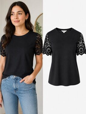 Reitmans | Black Crochet Sleeve Top | Lace Sleeve Tee | Cotton Modal | XXS